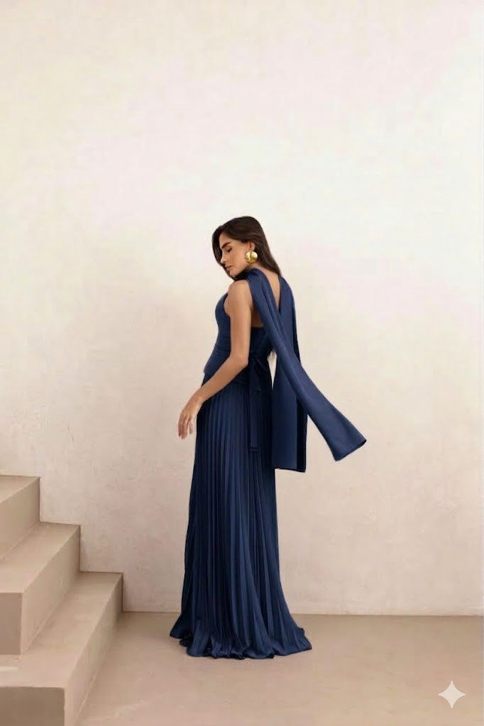 VESTIDO DE FESTA MAITÊ SAIA PLISSADA CHOKER - AZUL MARINHO