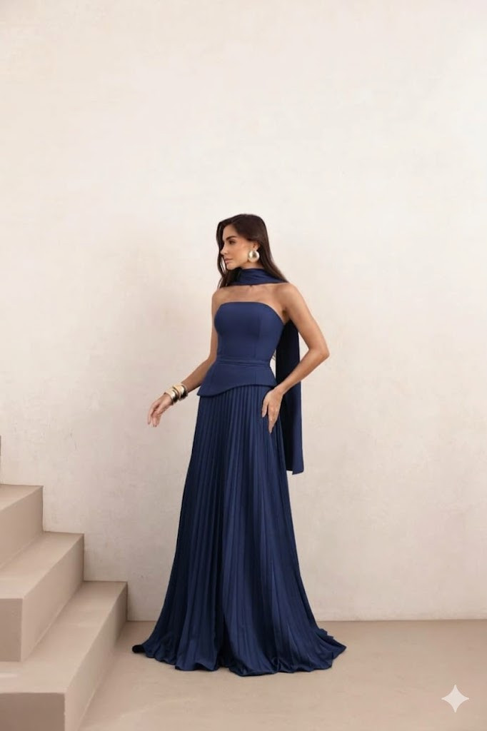 VESTIDO DE FESTA MAITÊ SAIA PLISSADA CHOKER - AZUL MARINHO