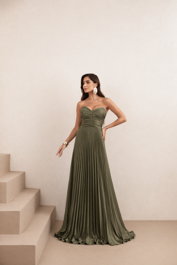 VESTIDO DE FESTA TANGARÁ PLISSADO - VERDE OLIVA
