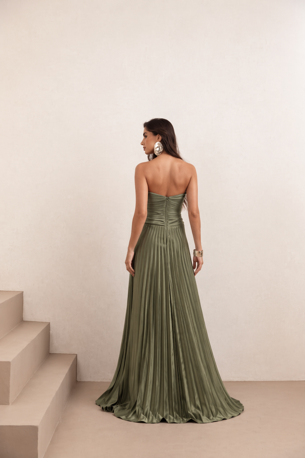 VESTIDO DE FESTA TANGARÁ PLISSADO - VERDE OLIVA