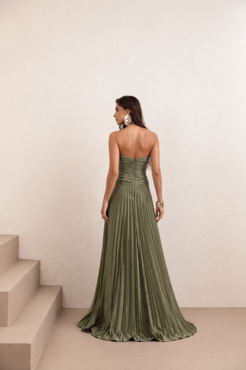 VESTIDO DE FESTA TANGARÁ PLISSADO - VERDE OLIVA