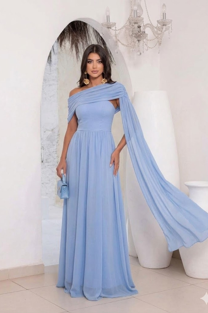 VESTIDO DE FESTA CLARICE COM ALÇA E CAPA REMOVÍVEL - AZUL SERENITY