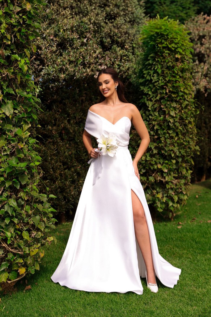 VESTIDO FESTA GLAM DECOTE OMBRO A OMBRO ZIBELINE NOIVINHAS - OFF WHITE