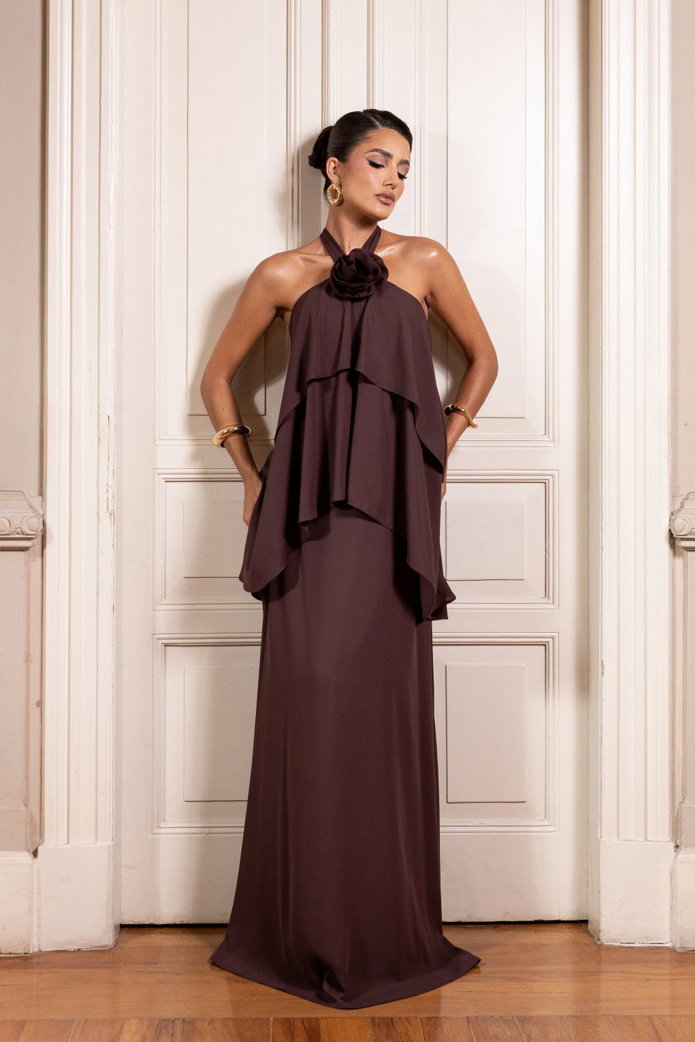 VESTIDO DE FESTA ANTONELLA FRENTE ÚNICA - MARROM