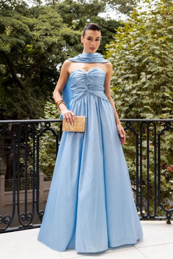 VESTIDO DE FESTA CAMILLE TAFETÁ CHOKER - AZUL SERENITY