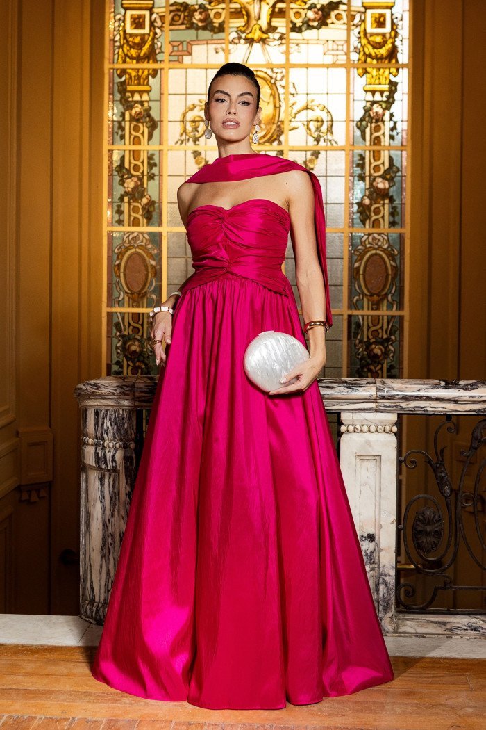 VESTIDO DE FESTA CAMILLE TAFETÁ CHOKER - FÚCSIA