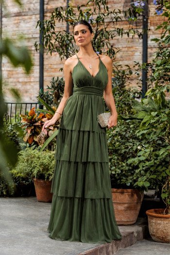 VESTIDO DE FESTA EVANGELINE TULE - VERDE OLIVA
