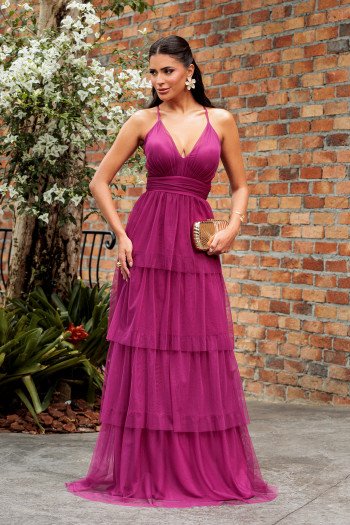 VESTIDO DE FESTA EVANGELINE TULE - FÚCSIA