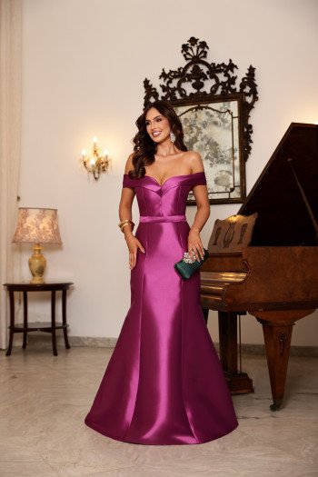 VESTIDO DE FESTA EMMELINE ZIBELINE OMBRO A OMBRO - FÚCSIA