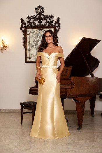 VESTIDO DE FESTA EMMELINE ZIBELINE OMBRO A OMBRO - AMARELO