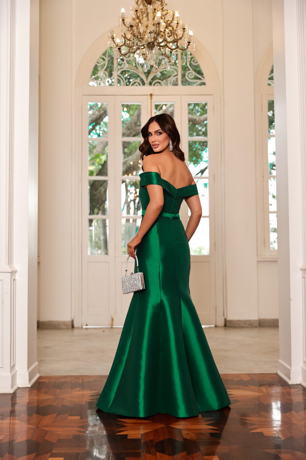 VESTIDO DE FESTA EMMELINE ZIBELINE OMBRO A OMBRO - VERDE ESMERALDA