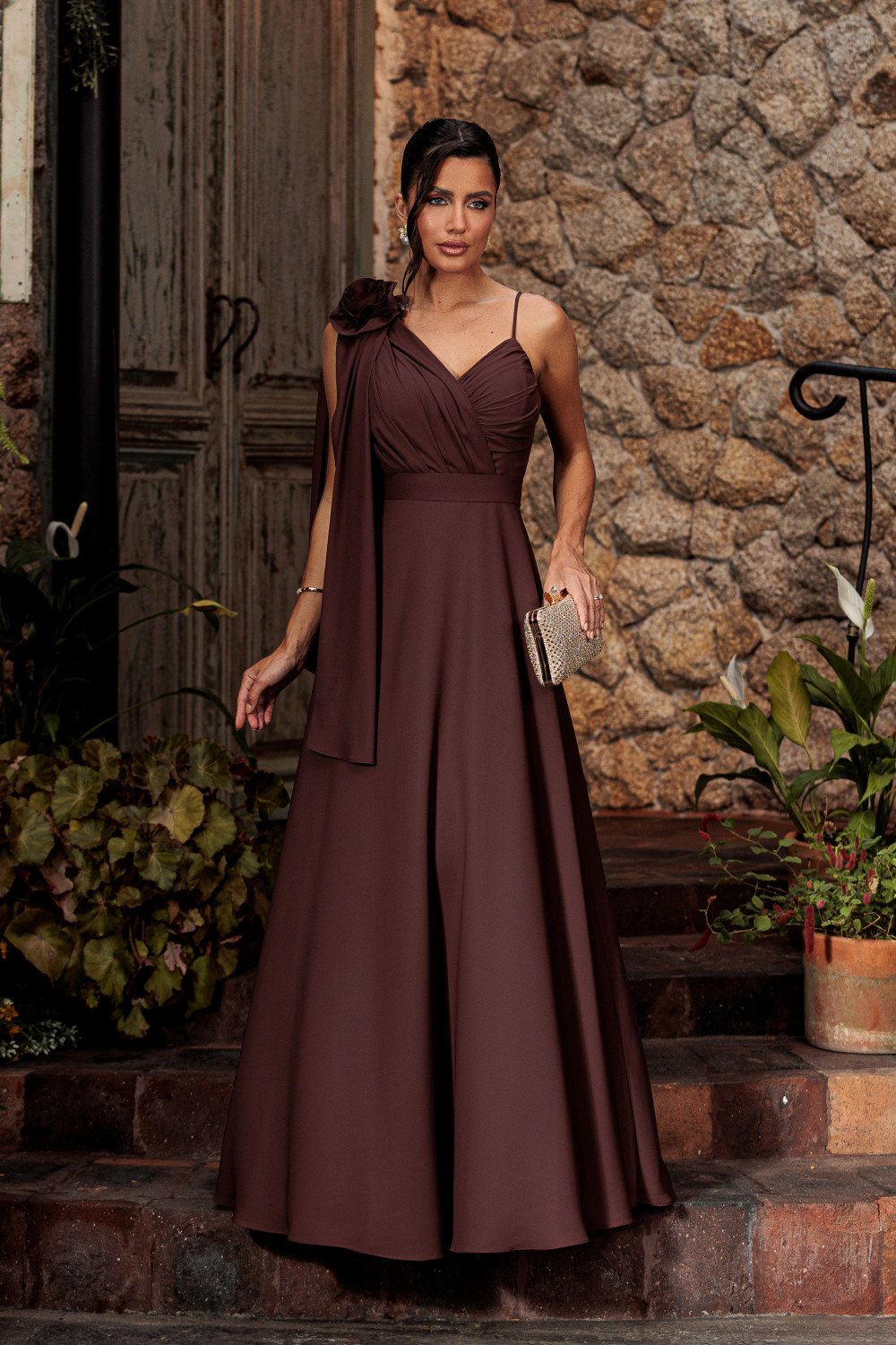 VESTIDO DE FESTA ORQUIDEA CREPE MUSSELINE - MARROM