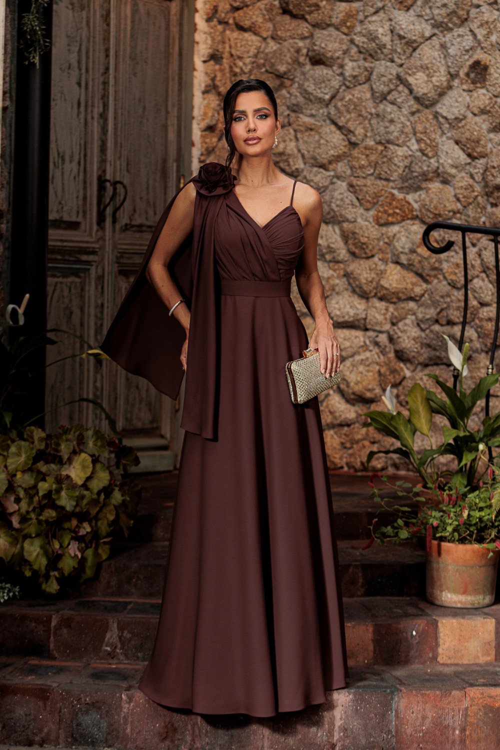 VESTIDO DE FESTA ORQUIDEA CREPE MUSSELINE - MARROM