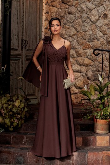 VESTIDO DE FESTA ORQUIDEA CREPE MUSSELINE - MARROM