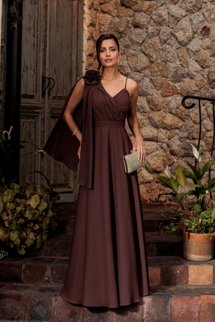VESTIDO DE FESTA ORQUIDEA CREPE MUSSELINE - MARROM