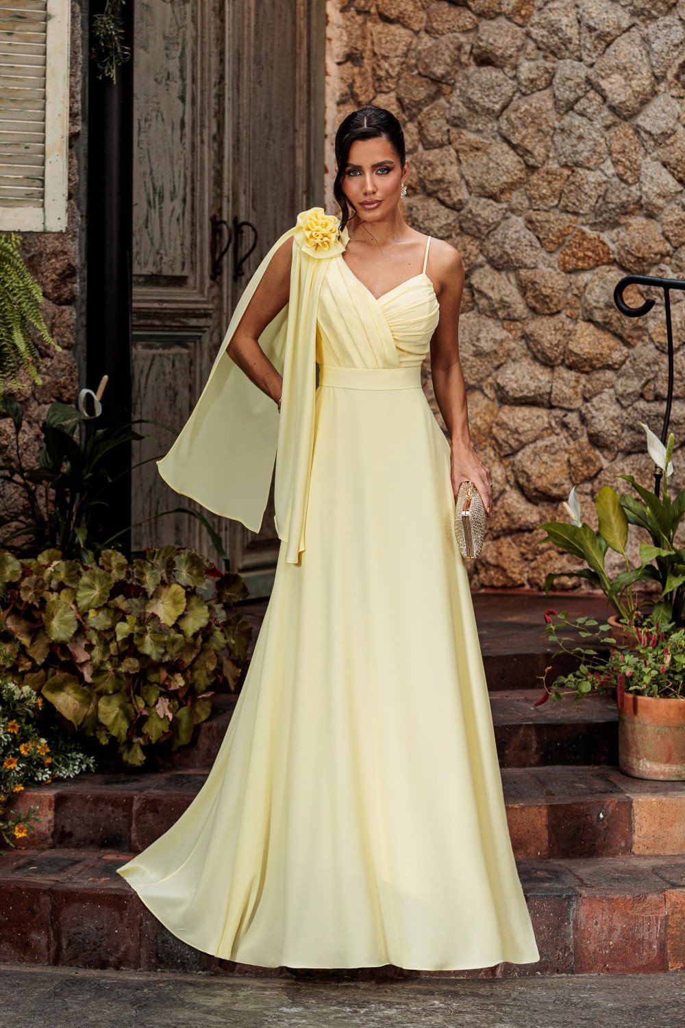 VESTIDO DE FESTA ORQUIDEA CREPE MUSSELINE - AMARELO