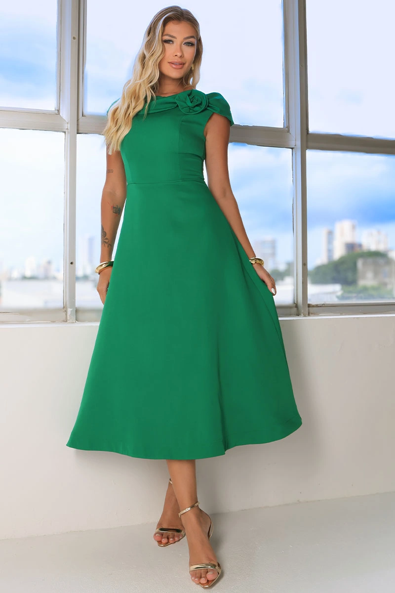 VESTIDO HILDA MIDI DETALHE FLOR - VERDE