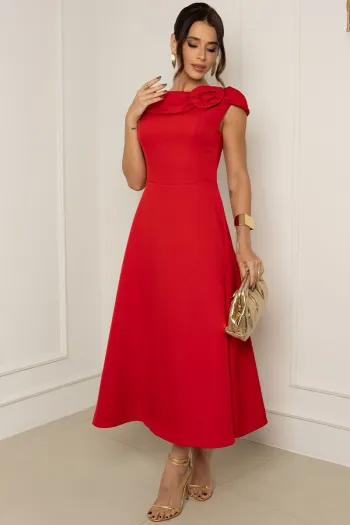 VESTIDO HILDA MIDI DETALHE FLOR - VERMELHO
