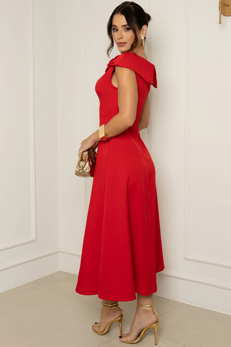 VESTIDO HILDA MIDI DETALHE FLOR - VERMELHO