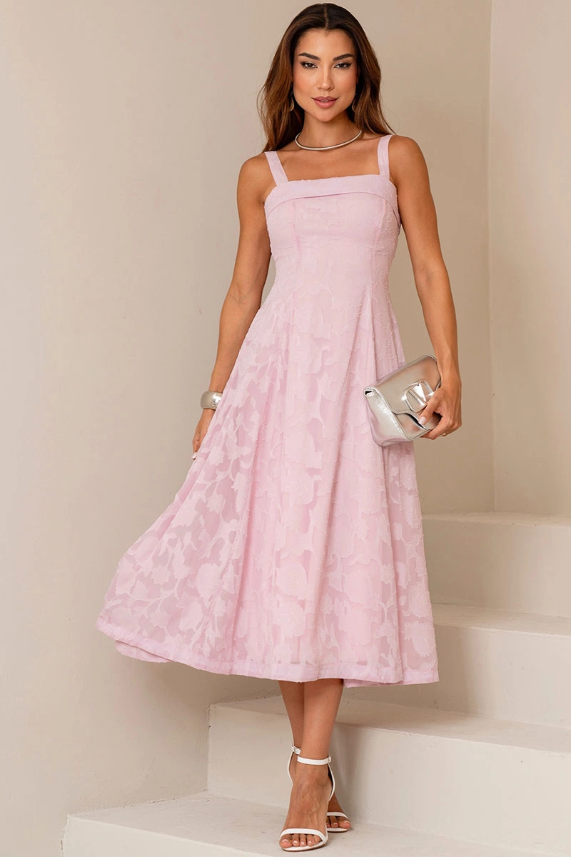 VESTIDO LOREN BORDADO ALÇA E BOLSOS - ROSA