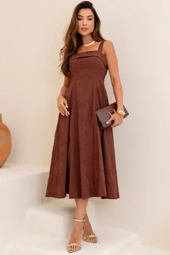 VESTIDO LOREN BORDADO ALÇA E BOLSOS - MARROM
