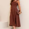 VESTIDO LOREN BORDADO ALÇA E BOLSOS - MARROM
