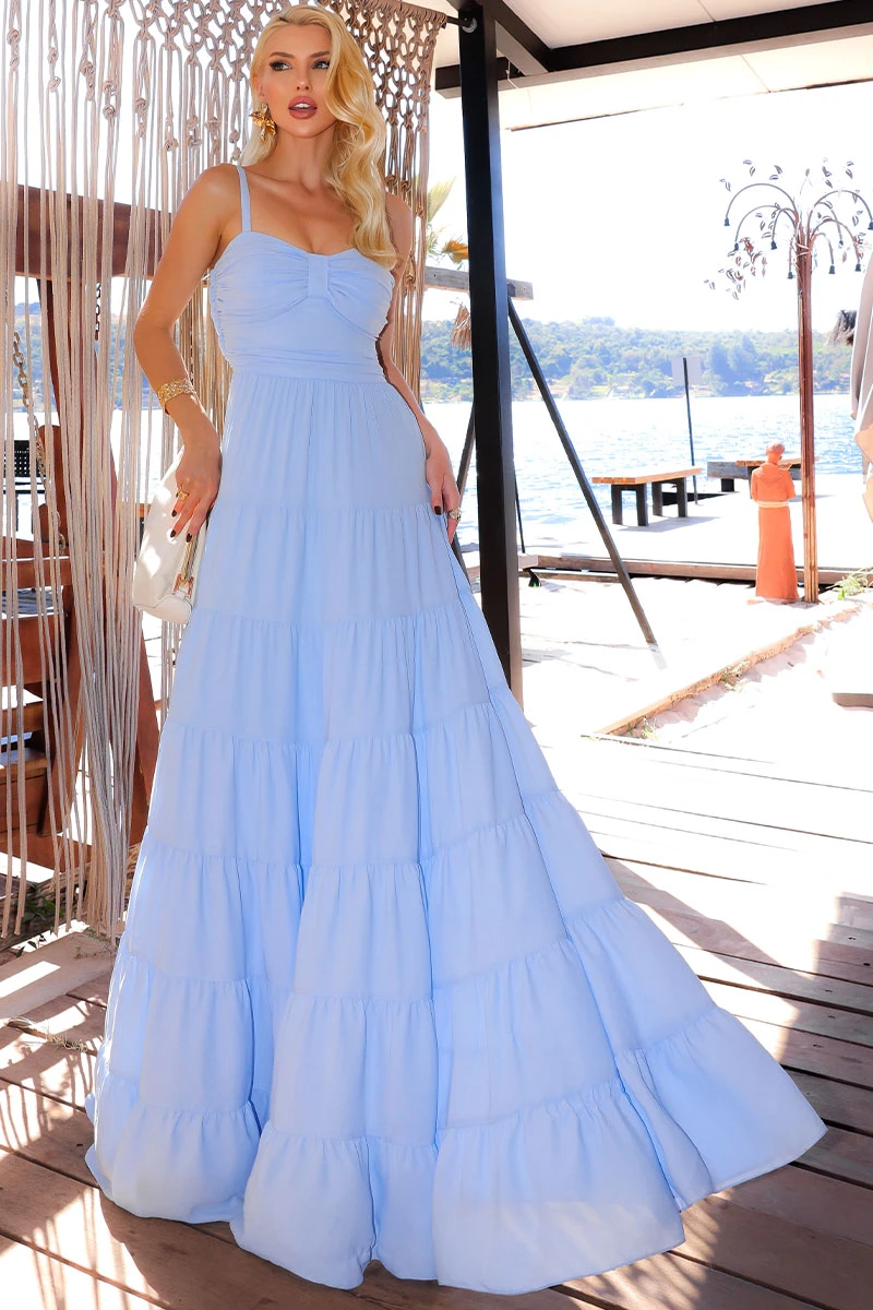 VESTIDO FLÁVIA LONGO DRAPEADO CHIFFON - AZUL SERENITY