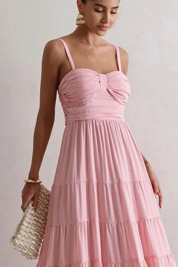 VESTIDO FLÁVIA LONGO DRAPEADO CHIFFON - ROSA