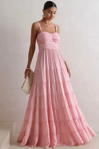 VESTIDO FLÁVIA LONGO DRAPEADO CHIFFON - ROSA