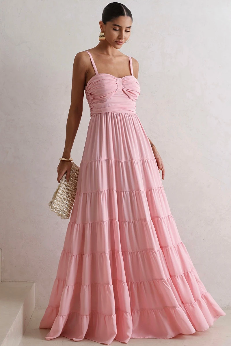 VESTIDO FLÁVIA LONGO DRAPEADO CHIFFON - ROSA