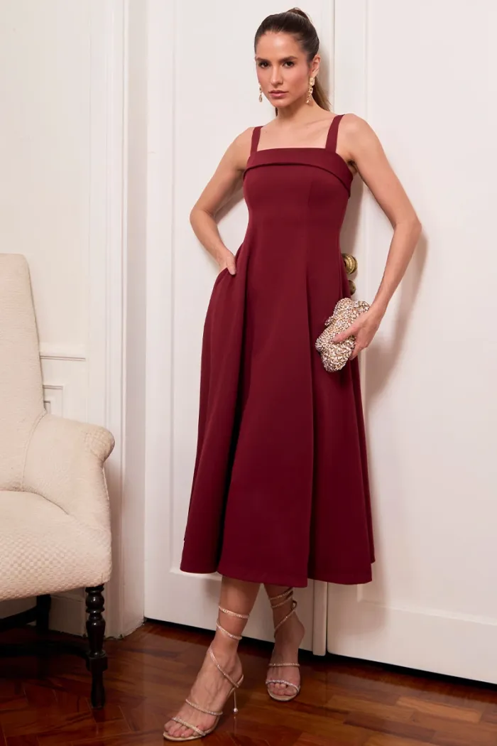 VESTIDO TEODORA COM ALÇA E BOLSOS - VINHO