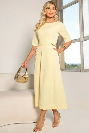 VESTIDO HEBE MIDI MANGA CURTA COM DETALHE METAL - AMARELO