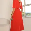 VESTIDO HEBE MIDI MANGA CURTA COM DETALHE METAL - VERMELHO