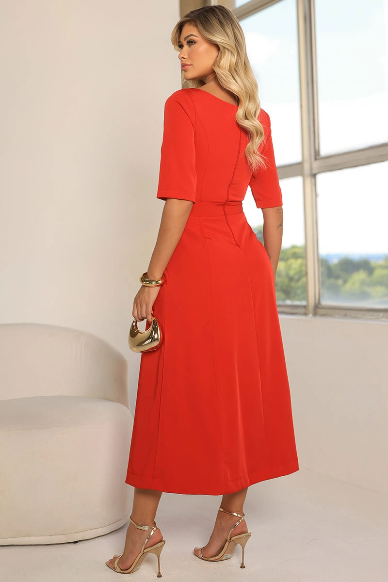 VESTIDO HEBE MIDI MANGA CURTA COM DETALHE METAL - VERMELHO