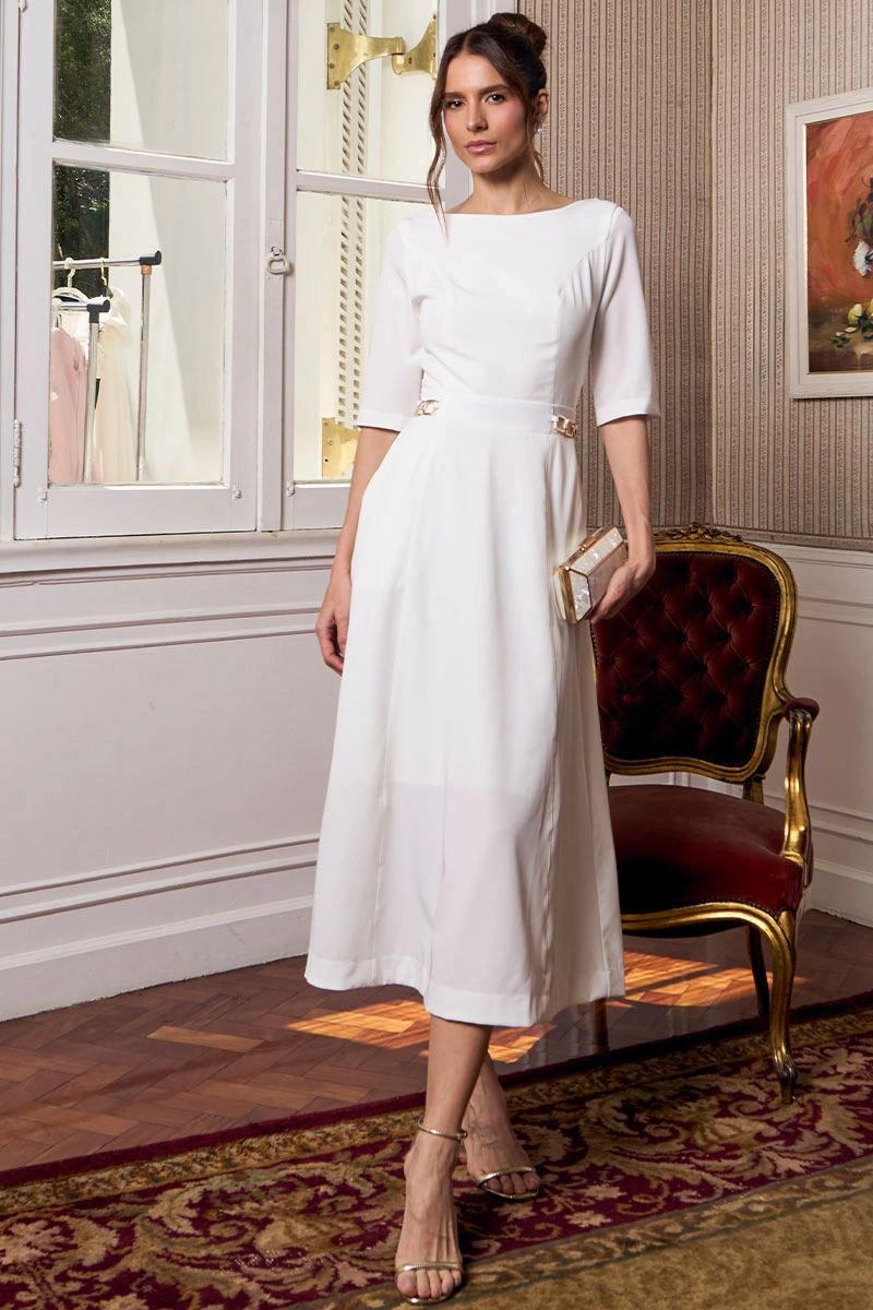 VESTIDO HEBE MIDI MANGA CURTA COM DETALHE METAL NOIVINHAS - OFF WHITE