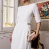 VESTIDO HEBE MIDI MANGA CURTA COM DETALHE METAL NOIVINHAS - OFF WHITE