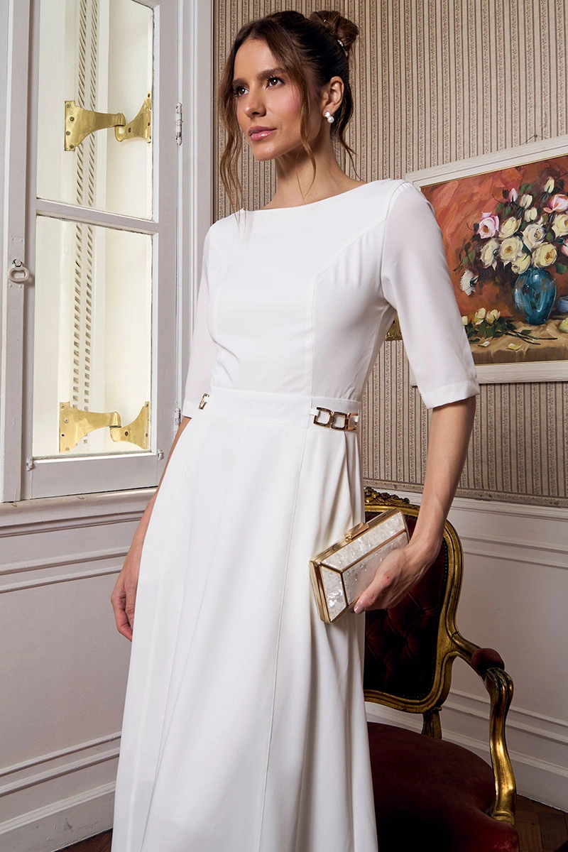 VESTIDO HEBE MIDI MANGA CURTA COM DETALHE METAL NOIVINHAS - OFF WHITE