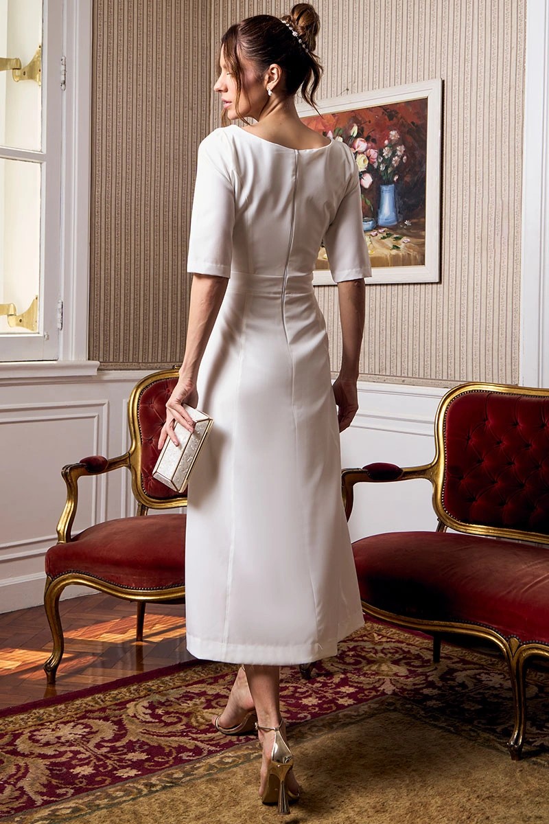 VESTIDO HEBE MIDI MANGA CURTA COM DETALHE METAL NOIVINHAS - OFF WHITE