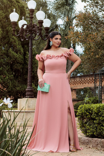 VESTIDO DE FESTA PÂMELA PLUS SIZE DETALHE FLOR - ROSÉ