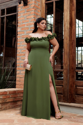 VESTIDO DE FESTA PÂMELA PLUS SIZE DETALHE FLOR - VERDE OLIVA