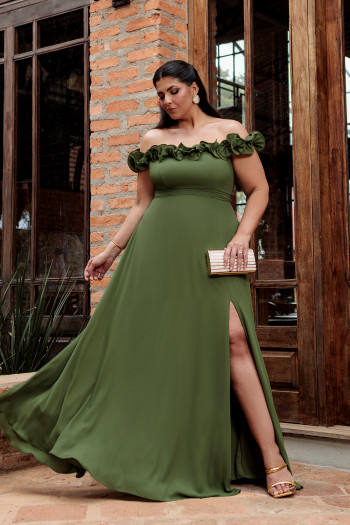 VESTIDO DE FESTA PÂMELA PLUS SIZE DETALHE FLOR - VERDE OLIVA