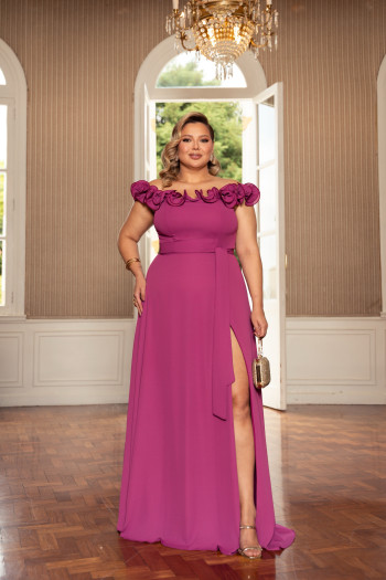VESTIDO DE FESTA PÂMELA PLUS SIZE DETALHE FLOR - FÚCSIA