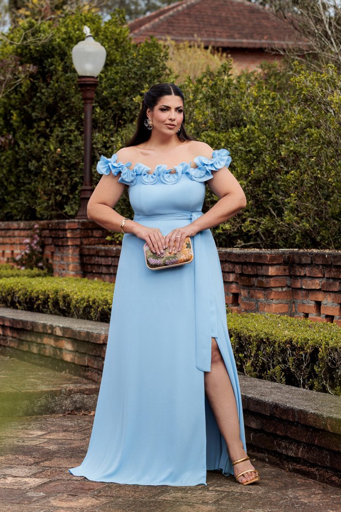 VESTIDO DE FESTA PÂMELA PLUS SIZE DETALHE FLOR - AZUL SERENITY
