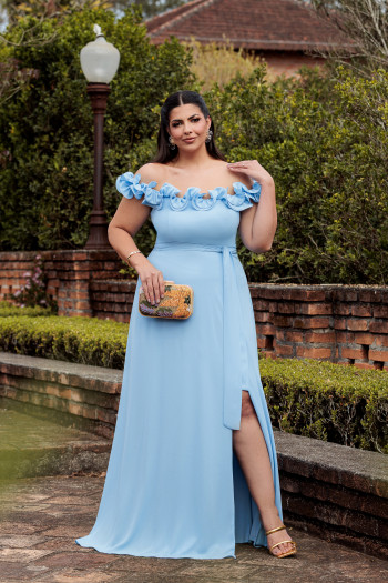 VESTIDO DE FESTA PÂMELA PLUS SIZE DETALHE FLOR - AZUL SERENITY