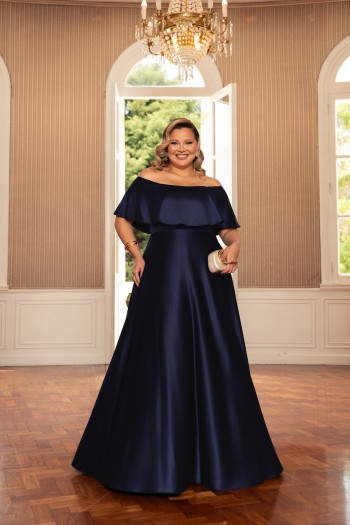 VESTIDO DE FESTA PAULA CREPE ACETINADO PLUS SIZE - AZUL MARINHO