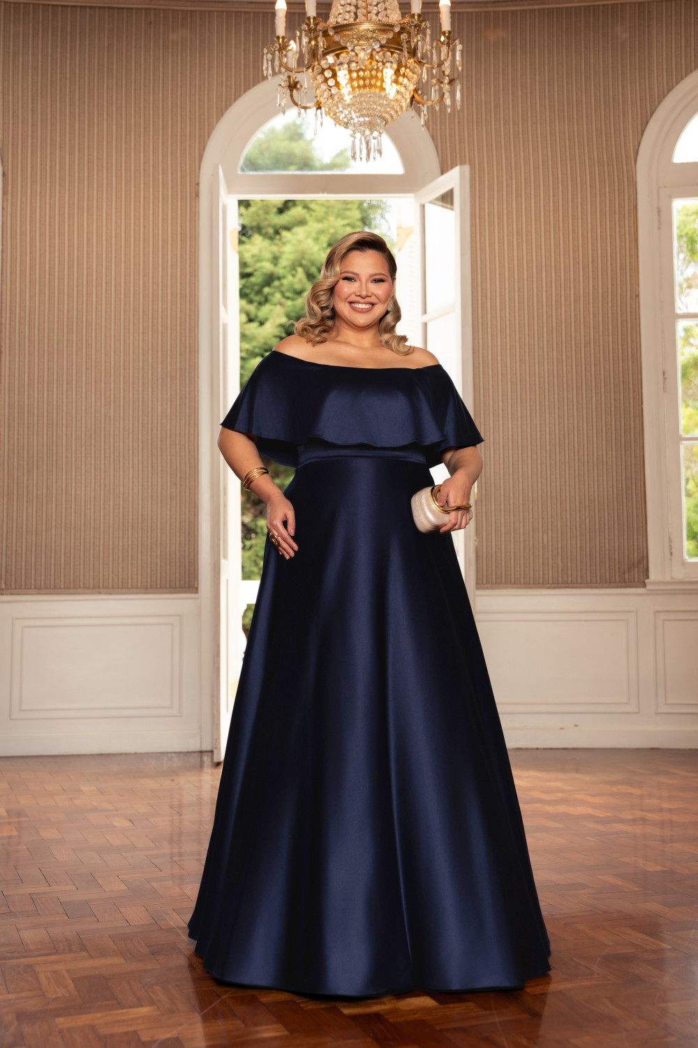 VESTIDO DE FESTA PAULA CREPE ACETINADO PLUS SIZE - AZUL MARINHO