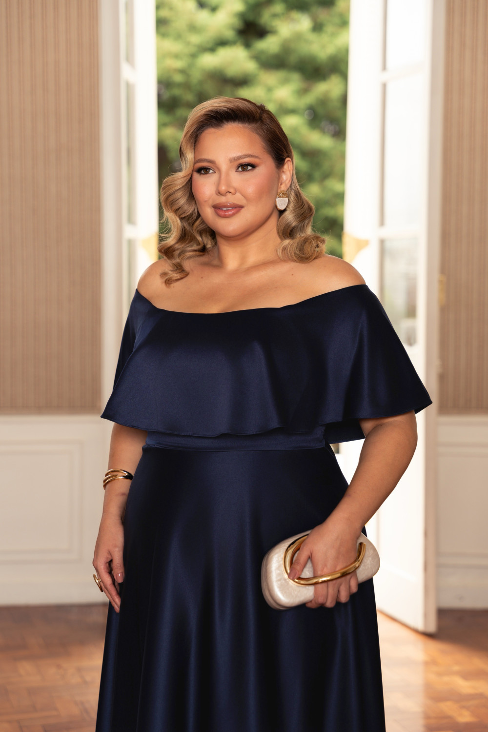 VESTIDO DE FESTA PAULA CREPE ACETINADO PLUS SIZE - AZUL MARINHO