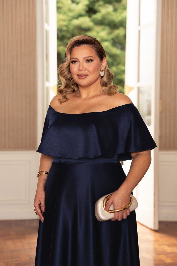 VESTIDO DE FESTA PAULA CREPE ACETINADO PLUS SIZE - AZUL MARINHO