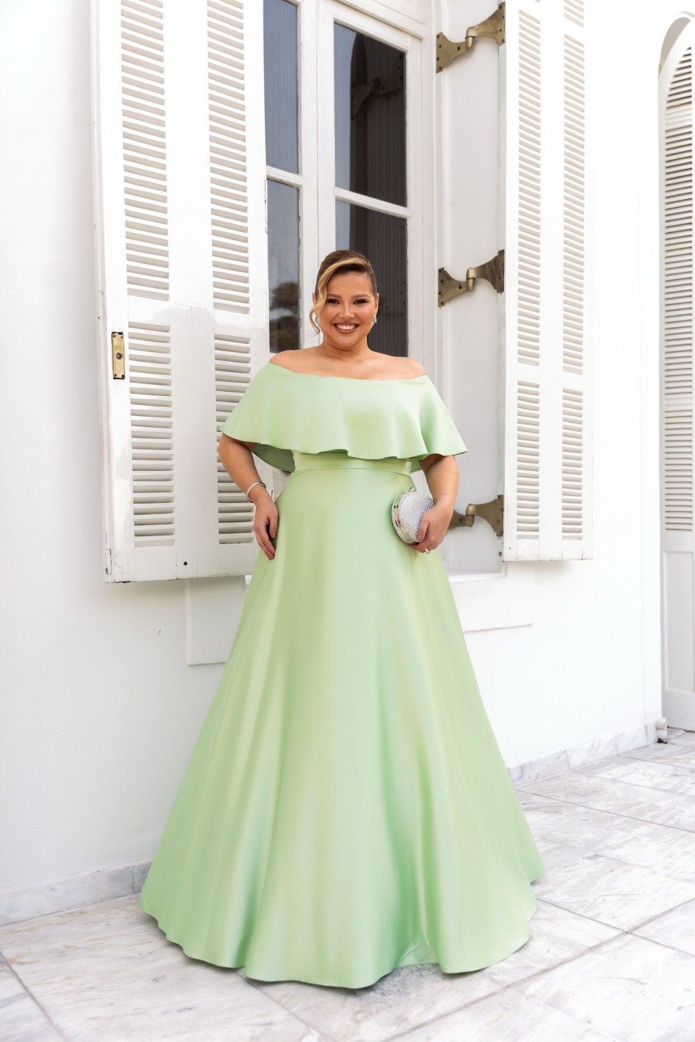 VESTIDO DE FESTA PAULA CREPE ACETINADO PLUS SIZE - VERDE MENTA