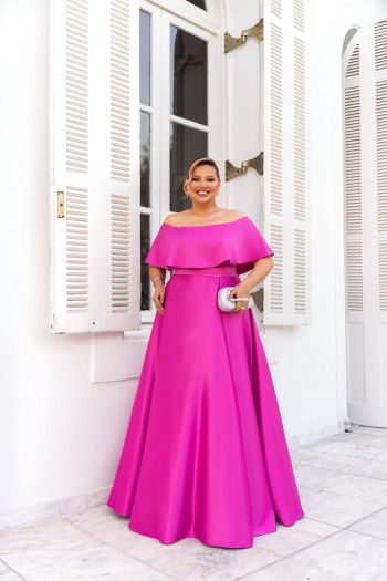 VESTIDO DE FESTA PAULA CREPE ACETINADO PLUS SIZE - FÚCSIA